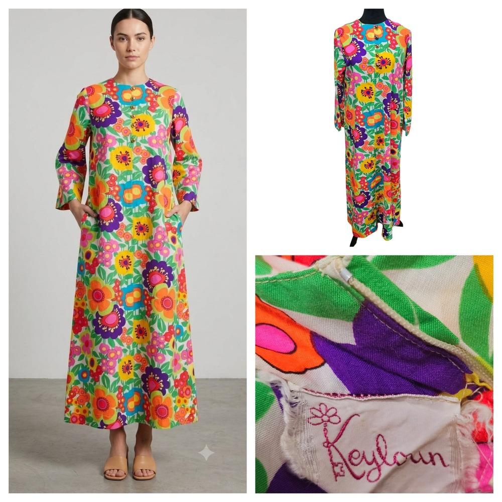 Keyloun Kaftan Maxi Dress Med Vintage 60s 70s Psychedelic Flower Power Retro Mod - Picture 1 of 14